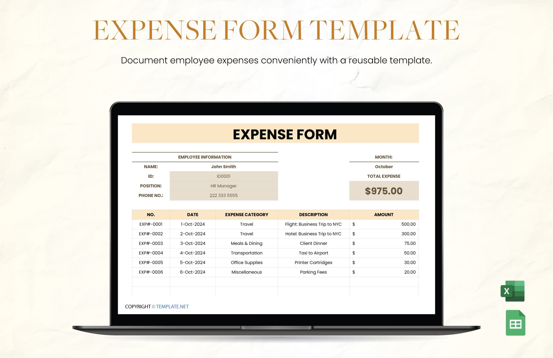 Expense Form Template in Excel, Google Sheets