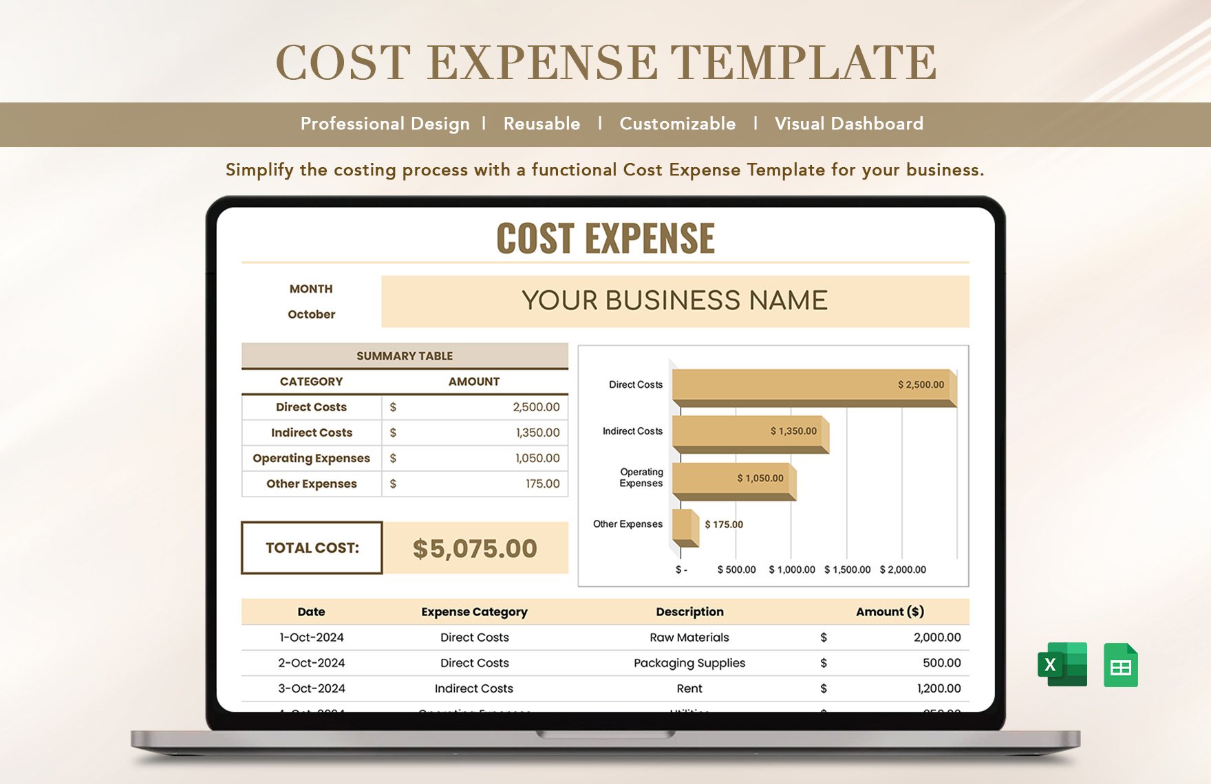 Cost Expense Template in Excel, Google Sheets