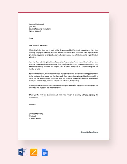 sample application letter for promotion for teacher