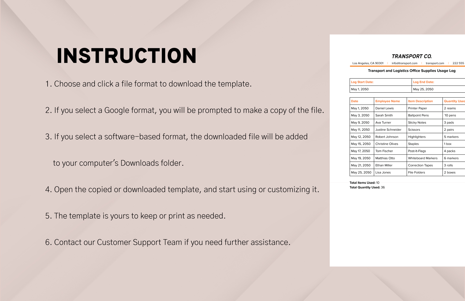 Transport and Logistics Office Supplies Usage Log Template