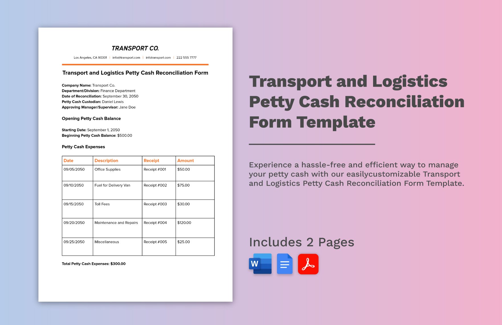 Transport and Logistics Petty Cash Reconciliation Form Template