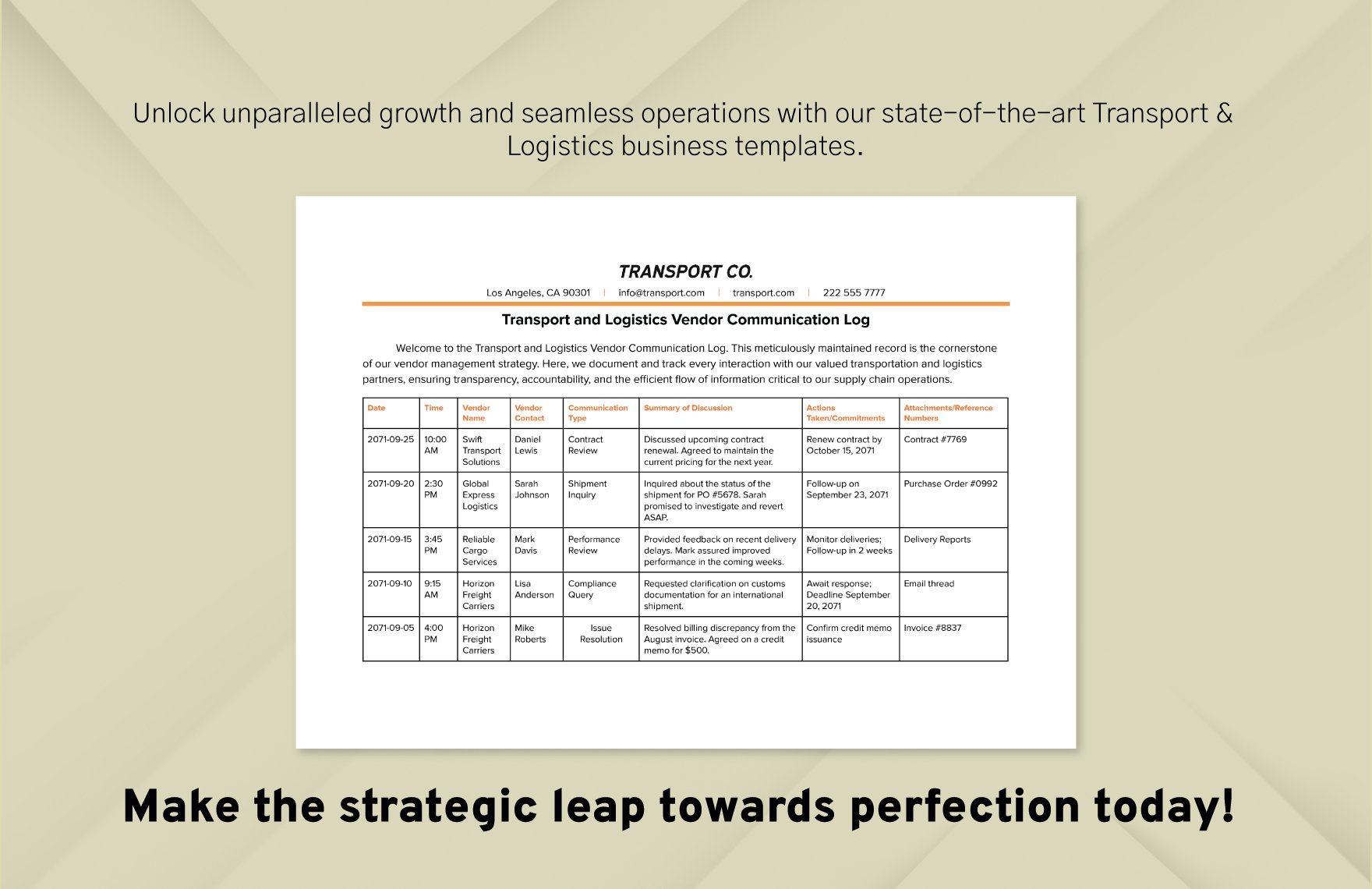Transport and Logistics Vendor Communication Log Template