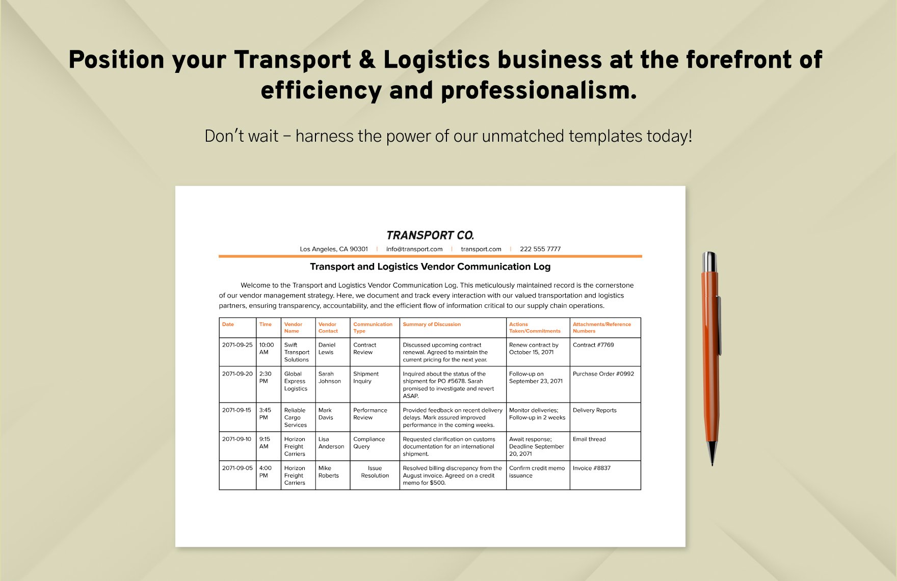 Transport and Logistics Vendor Communication Log Template