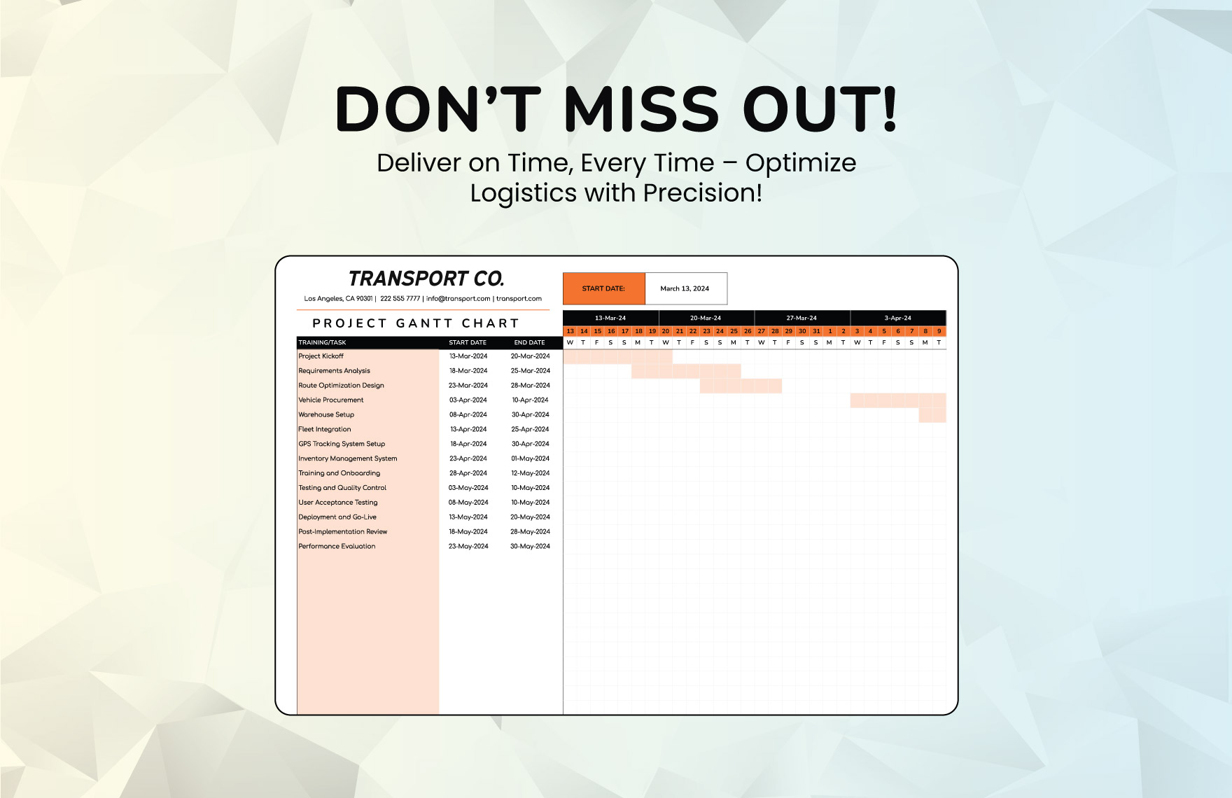 Transport and Logistics Project Gantt Chart Template