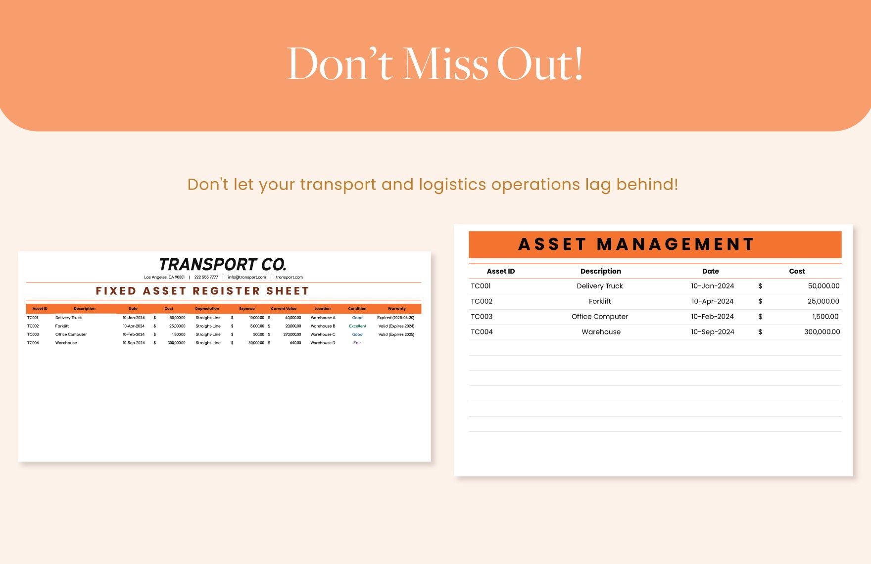 Transport and Logistics Fixed Asset Register Template
