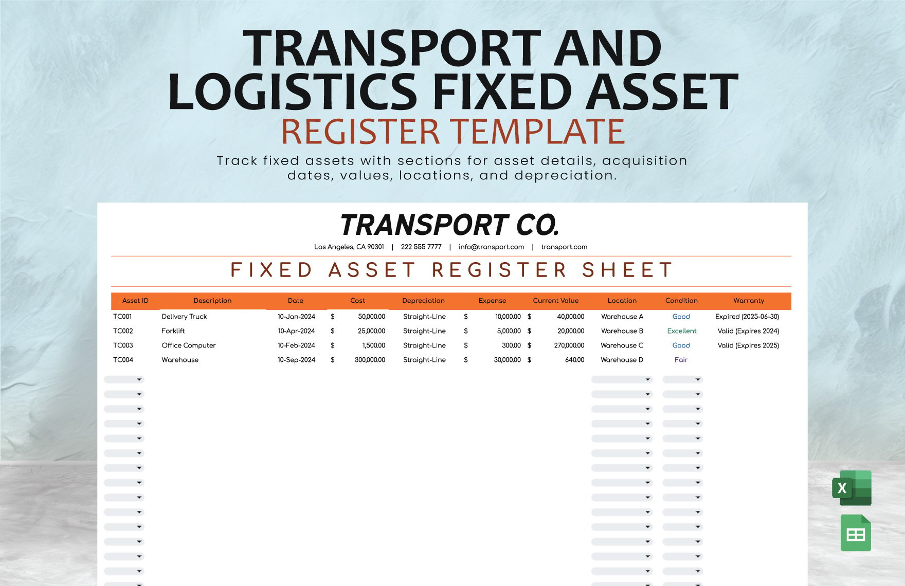 Free Transport and Logistics Fixed Asset Register Template in Excel, Google Sheets