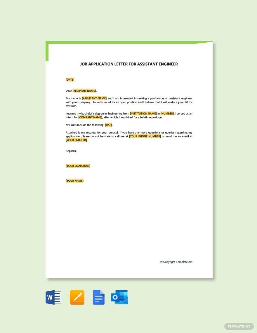Job Application Letter for Assistant Engineer Template