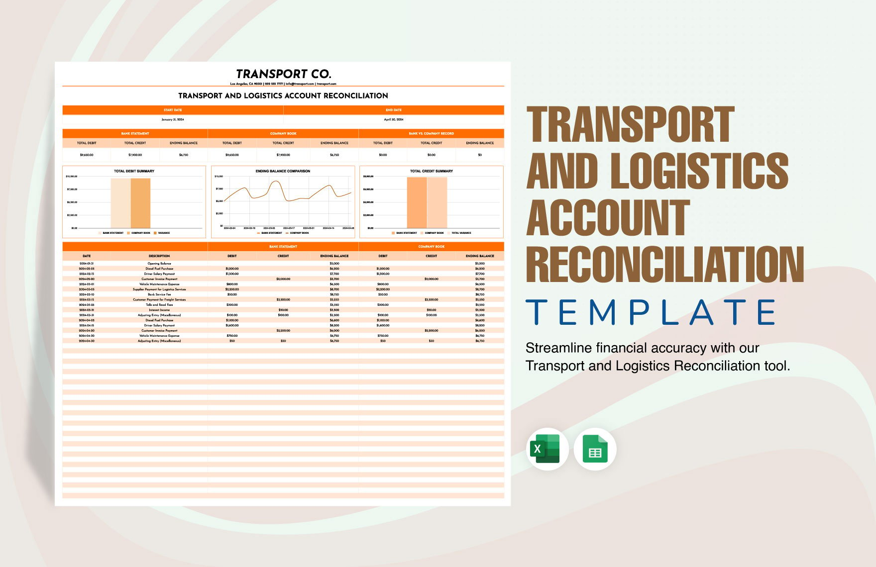 Free Transport and Logistics Account Reconciliation Template in Excel, Google Sheets