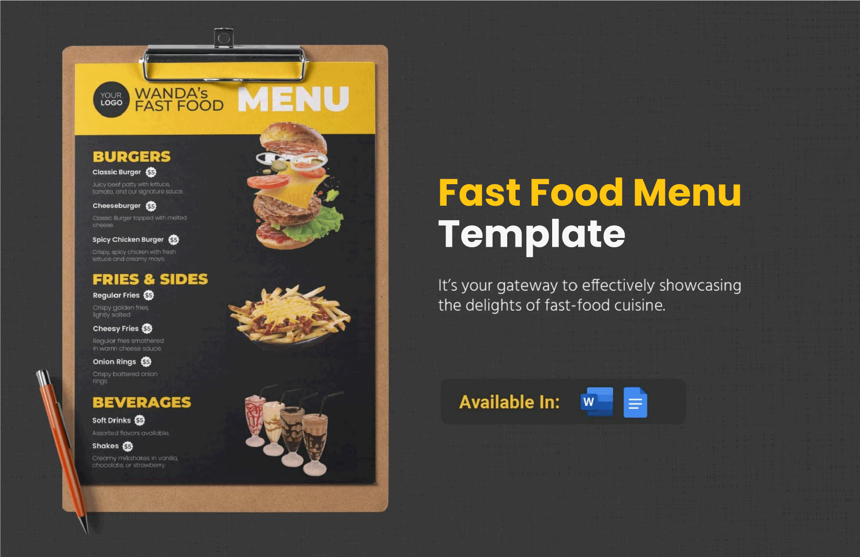 Fast Food Menu Template in Word, Google Docs