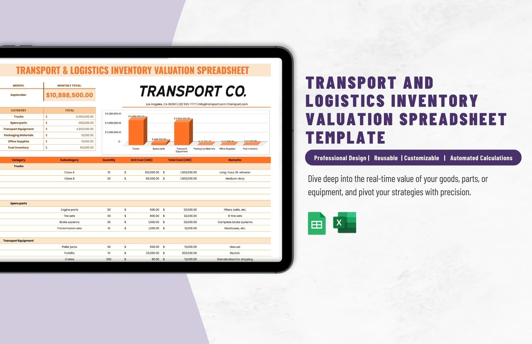 Transport and Logistics Inventory Valuation Spreadsheet Template