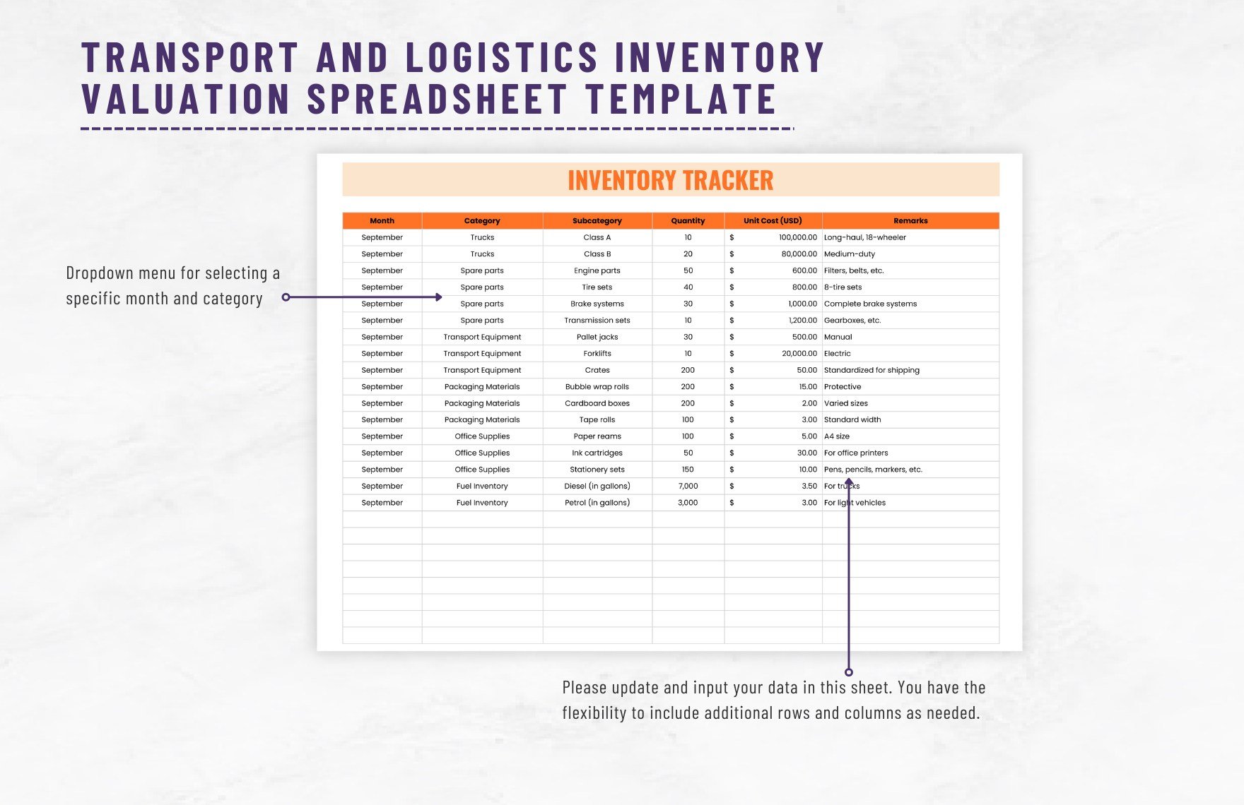 Transport and Logistics Inventory Valuation Spreadsheet Template