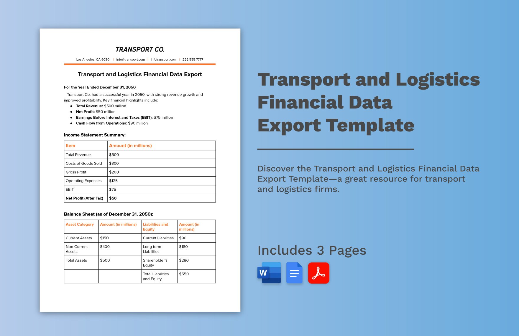 Transport and Logistics Financial Data Export Template