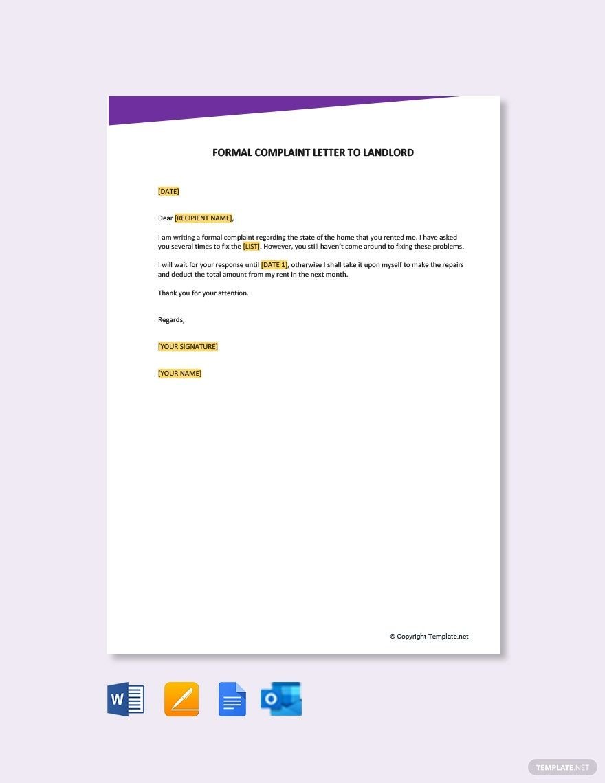 Formal Complaint Letter to Landlord in Word, Google Docs, PDF, Apple Pages, Outlook