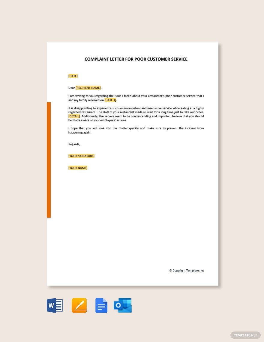 Sample Complaint Letter for Poor Customer Service in Google Docs, Pages, Word, Outlook, PDF - Download | Template.net