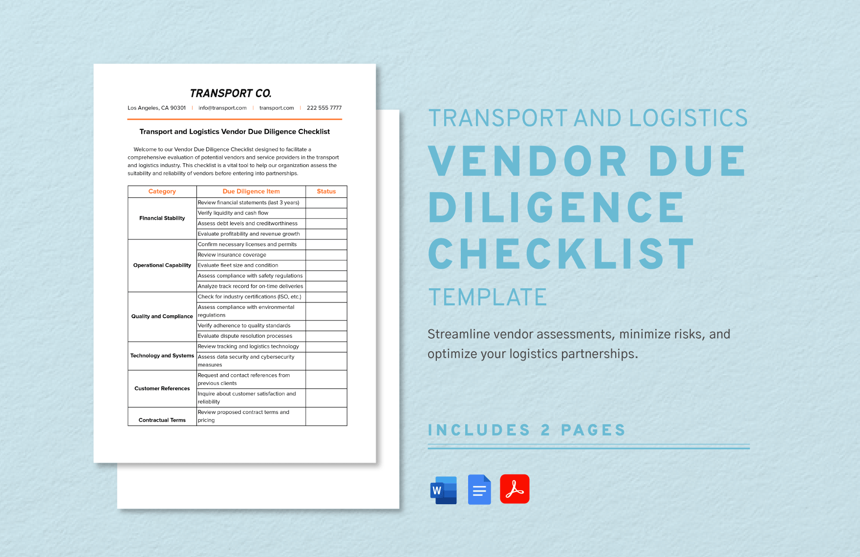 Transport and Logistics Vendor Due Diligence Checklist Template in Word, Google Docs, PDF