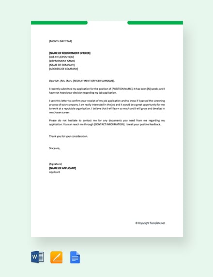 Free Follow Up Letter For Job Application Status Template Download