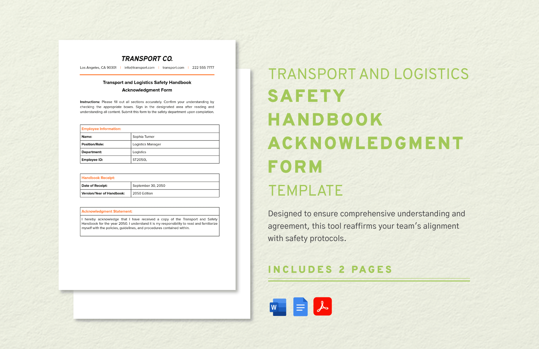Transport and Logistics Safety Handbook Acknowledgment Form Template