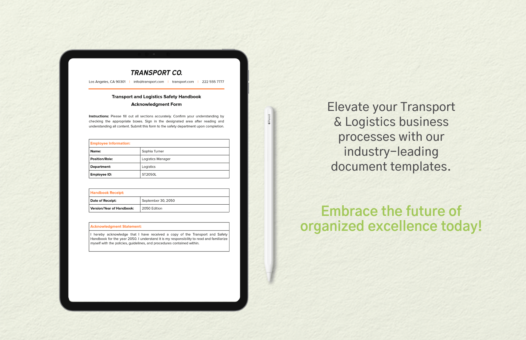 Transport and Logistics Safety Handbook Acknowledgment Form Template