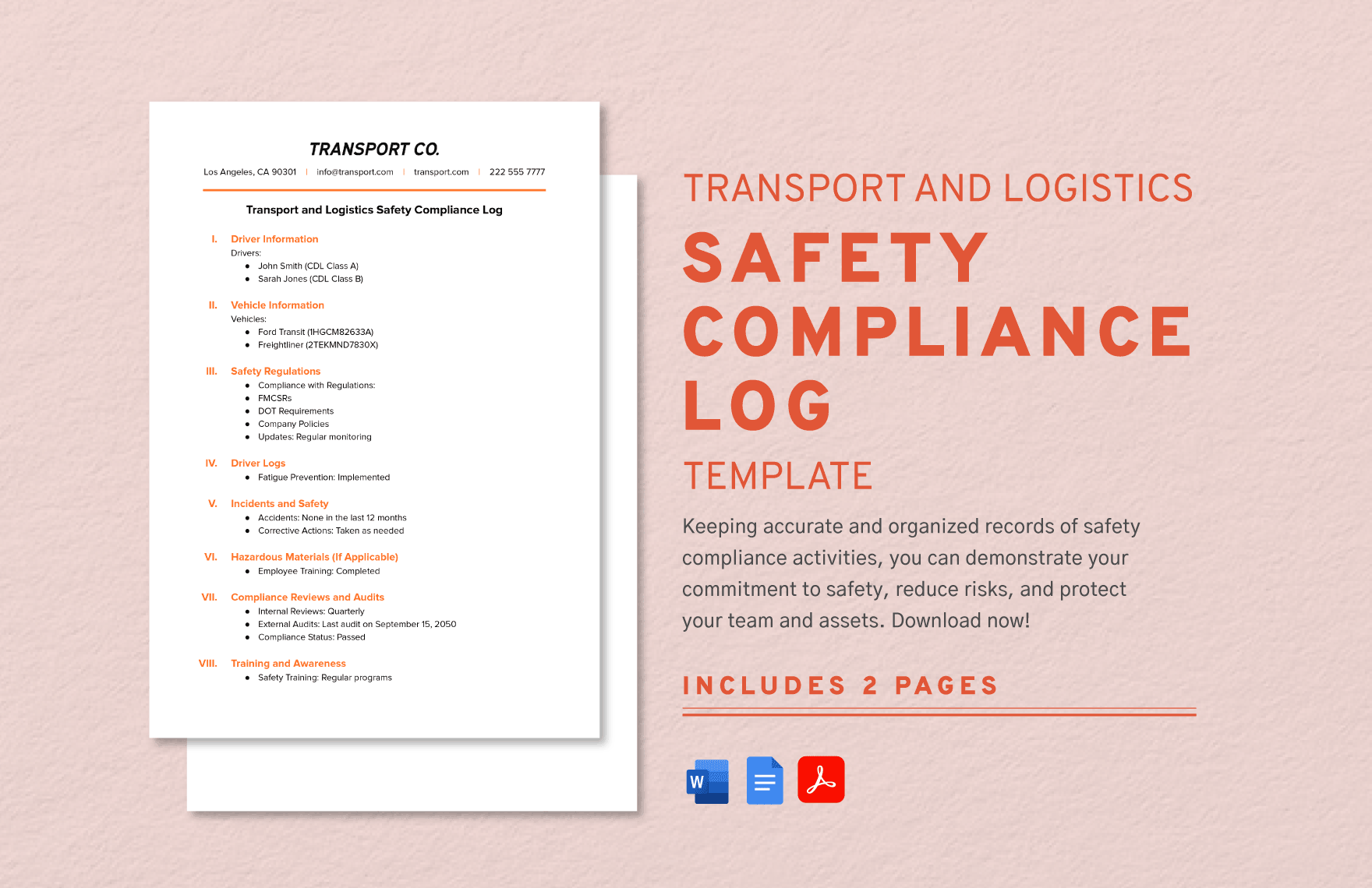 Transport and Logistics Safety Compliance Log Template