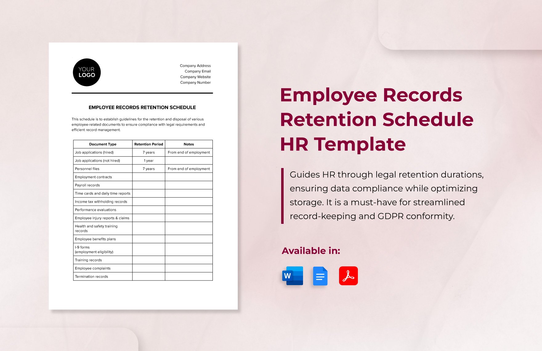 Employee Records Retention Schedule HR Template in Word, Google Docs, PDF