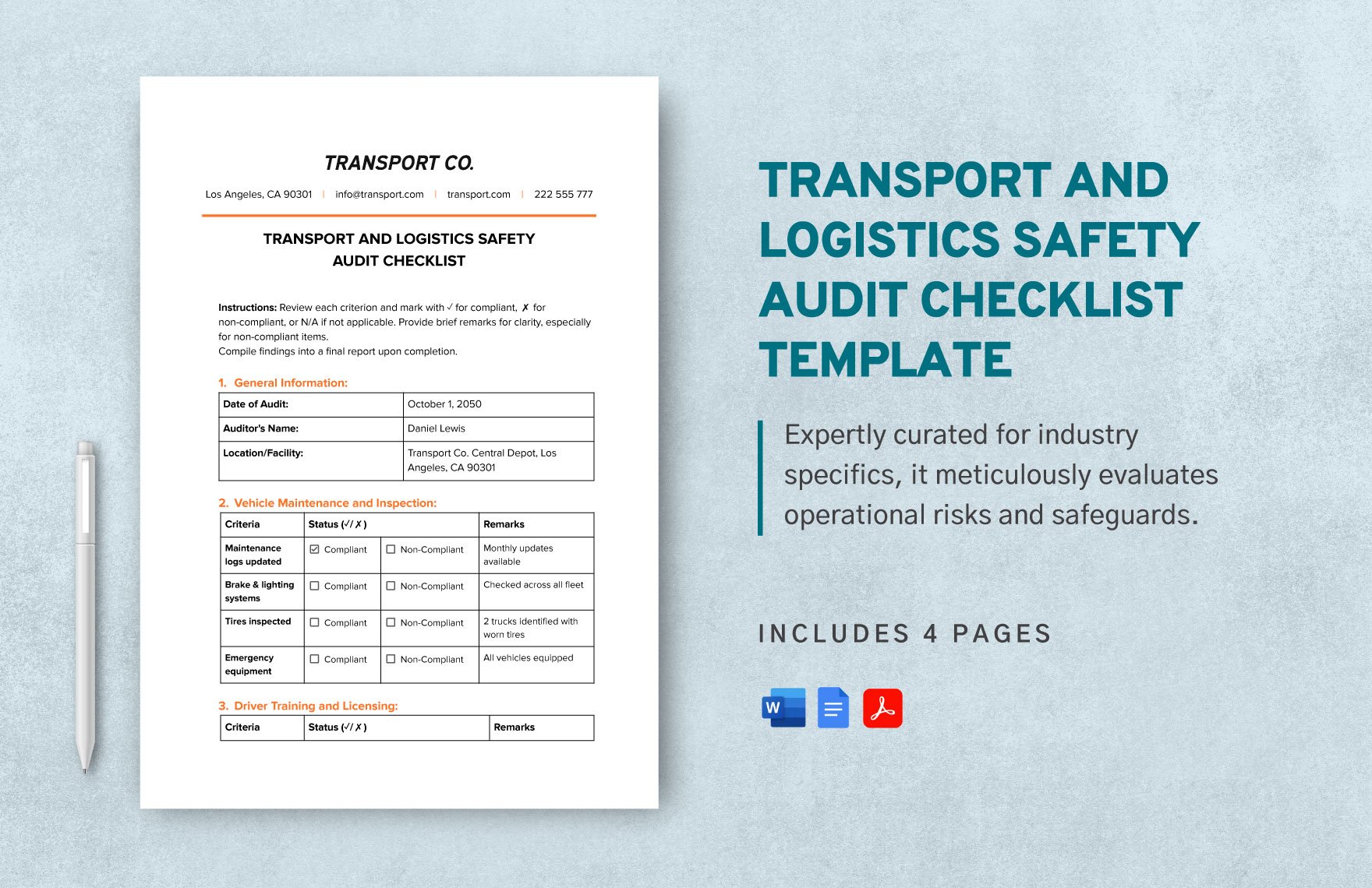 Transport and Logistics Safety Audit Checklist Template