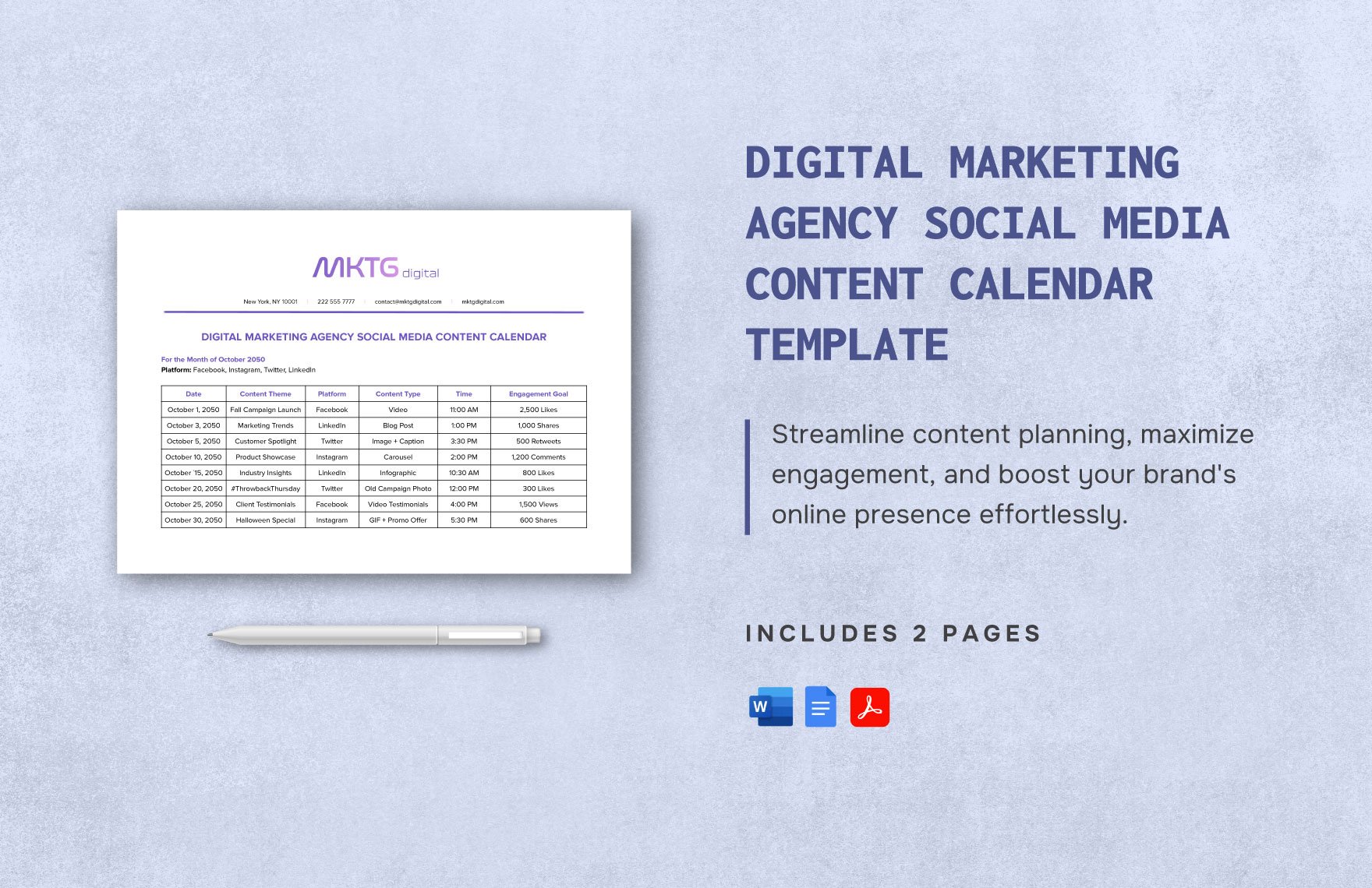 Digital Marketing Agency Social Media Content Calendar Template
