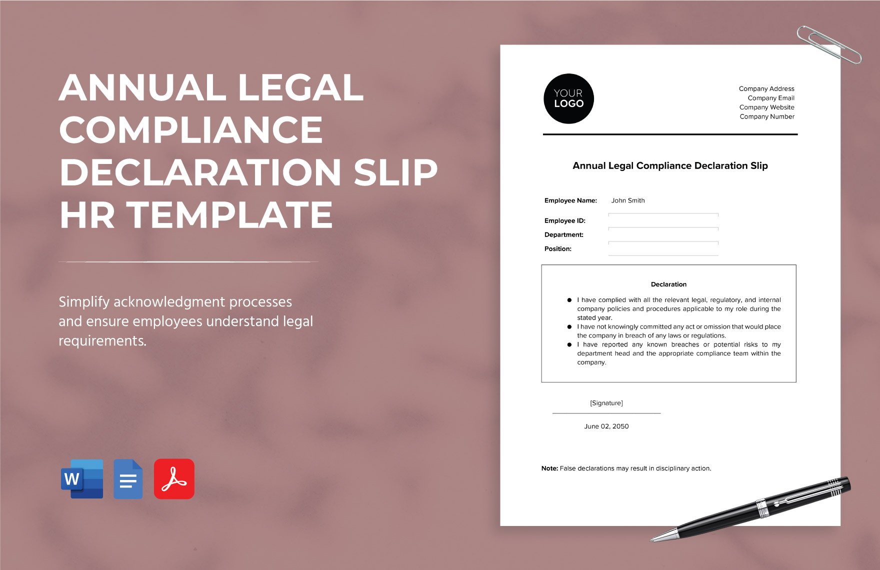 Annual Legal Compliance Declaration Slip HR Template in Word, Google Docs, PDF