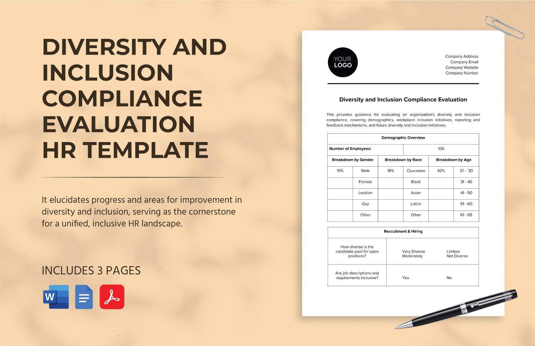 Diversity and Inclusion Compliance Evaluation HR Template in Word, Google Docs, PDF