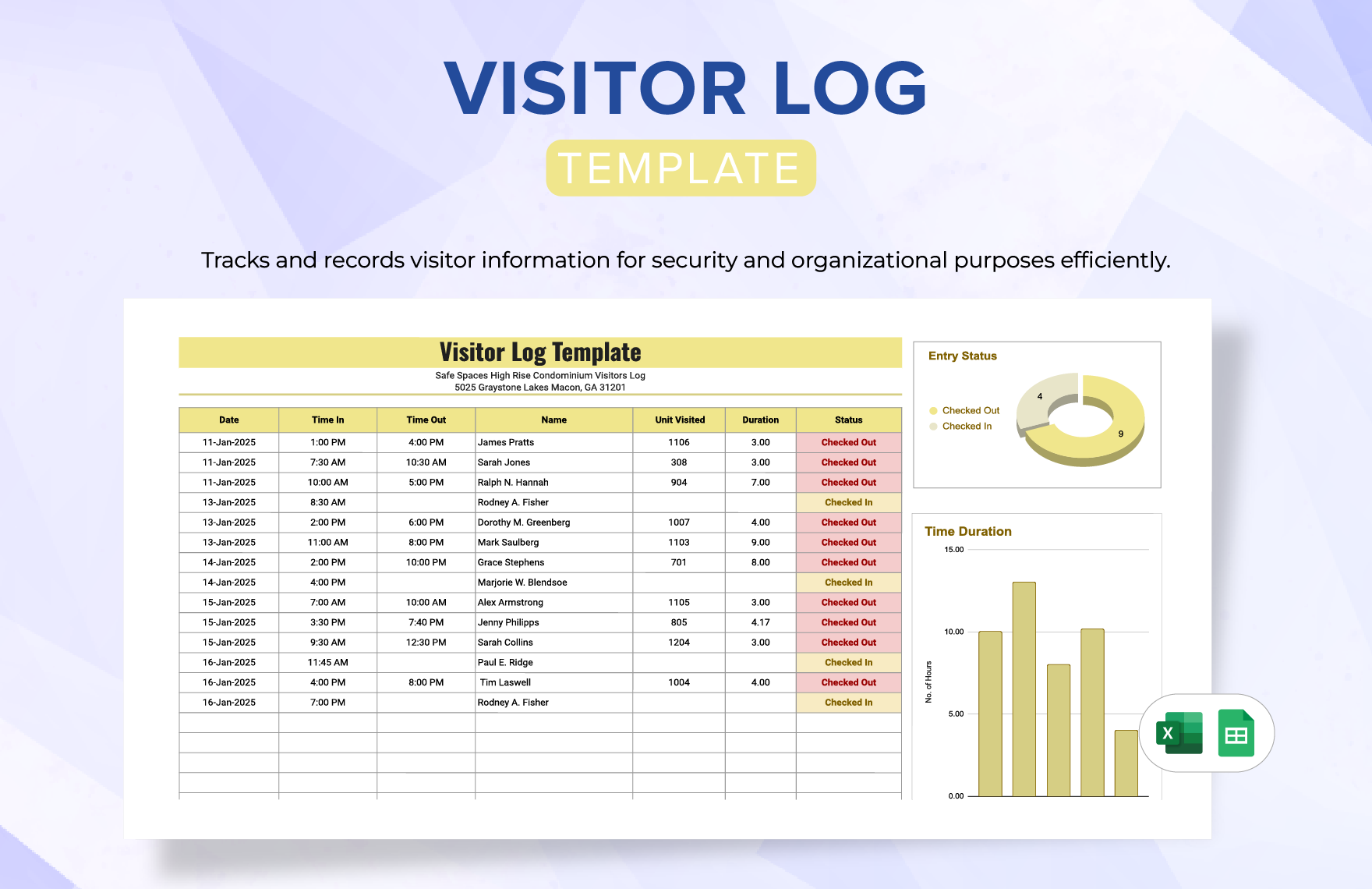 Visitor Log Template in Excel, Google Sheets