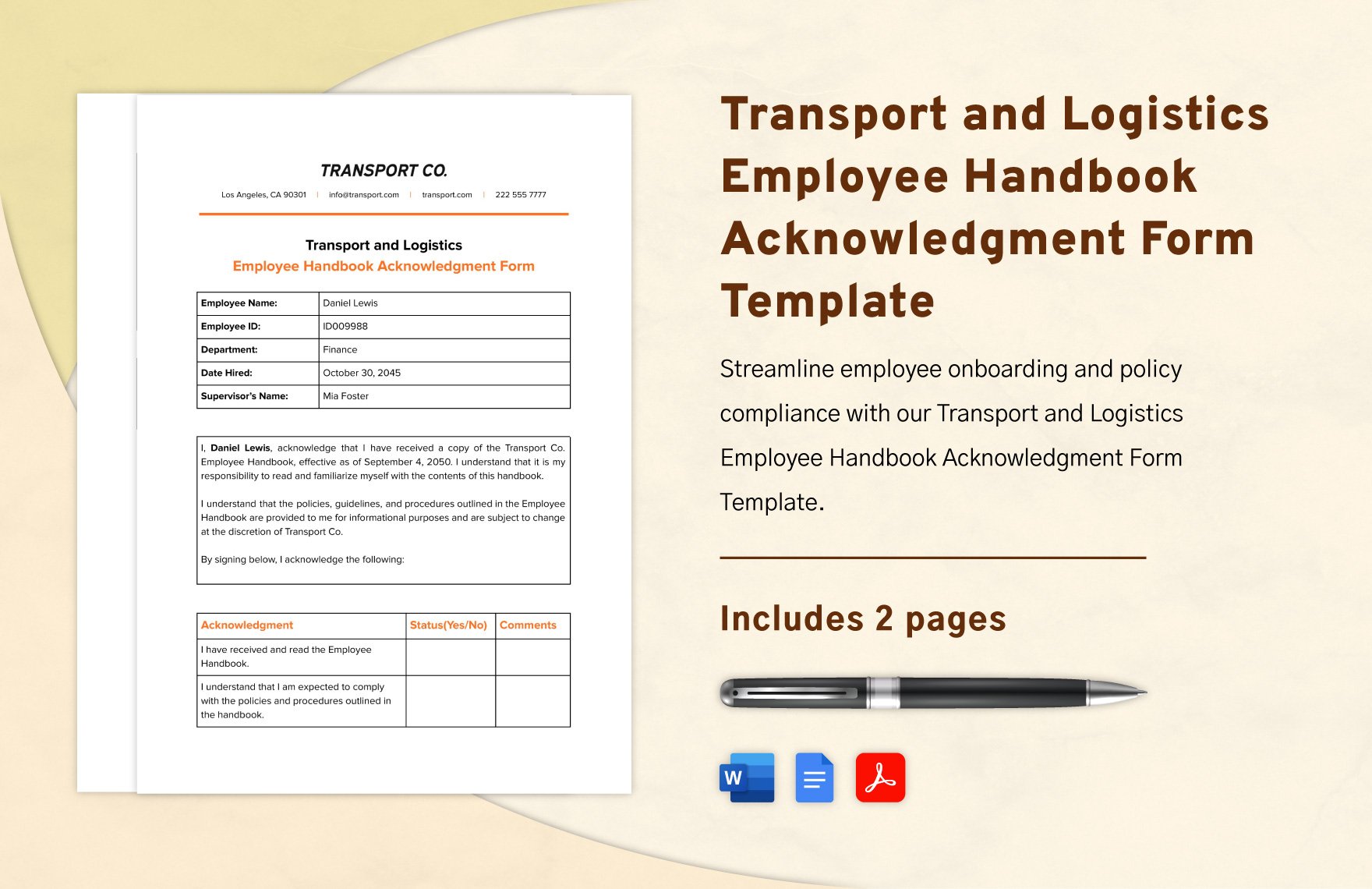Transport and Logistics Employee Handbook Acknowledgment Form Template