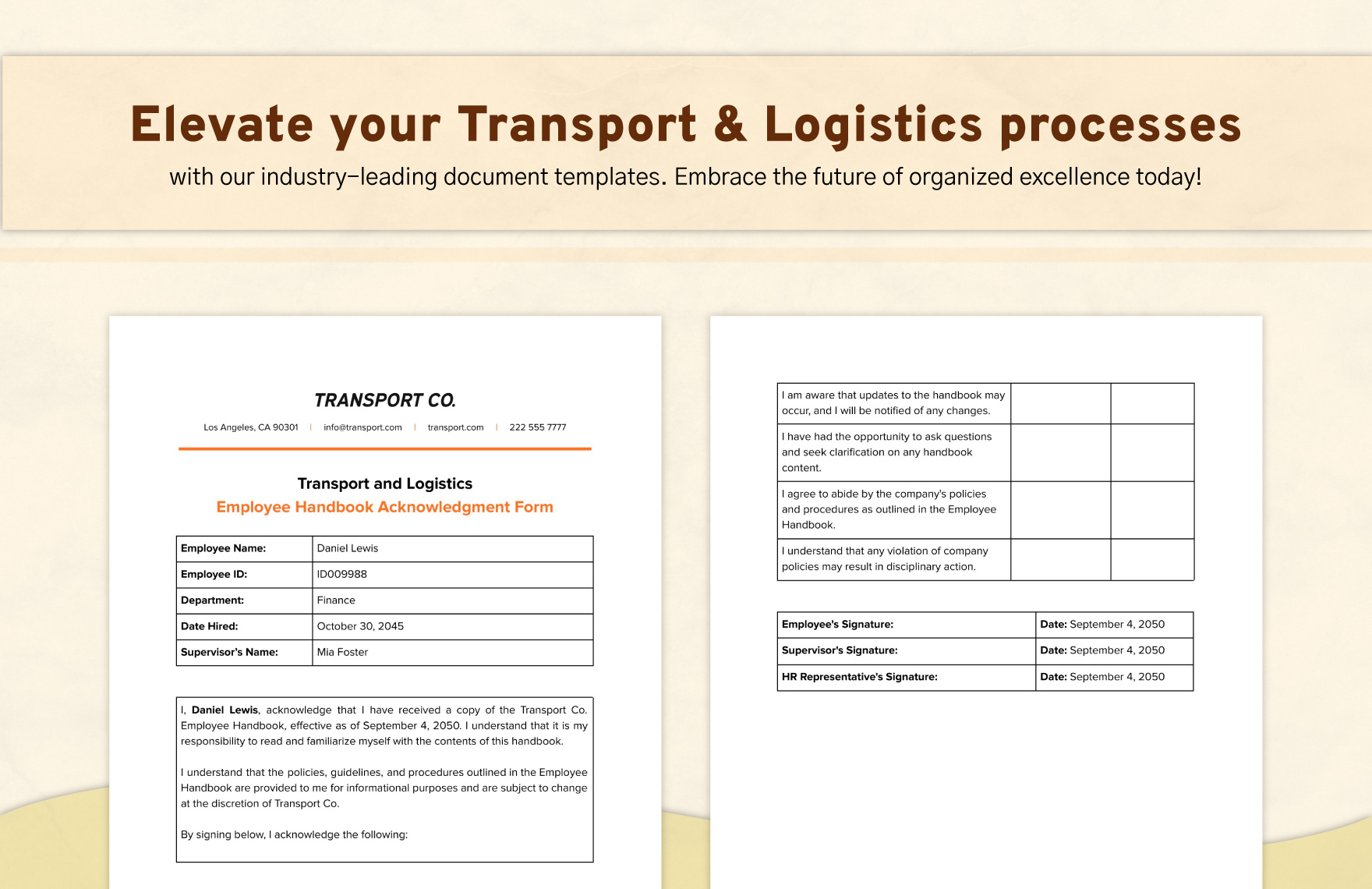 Transport and Logistics Employee Handbook Acknowledgment Form Template