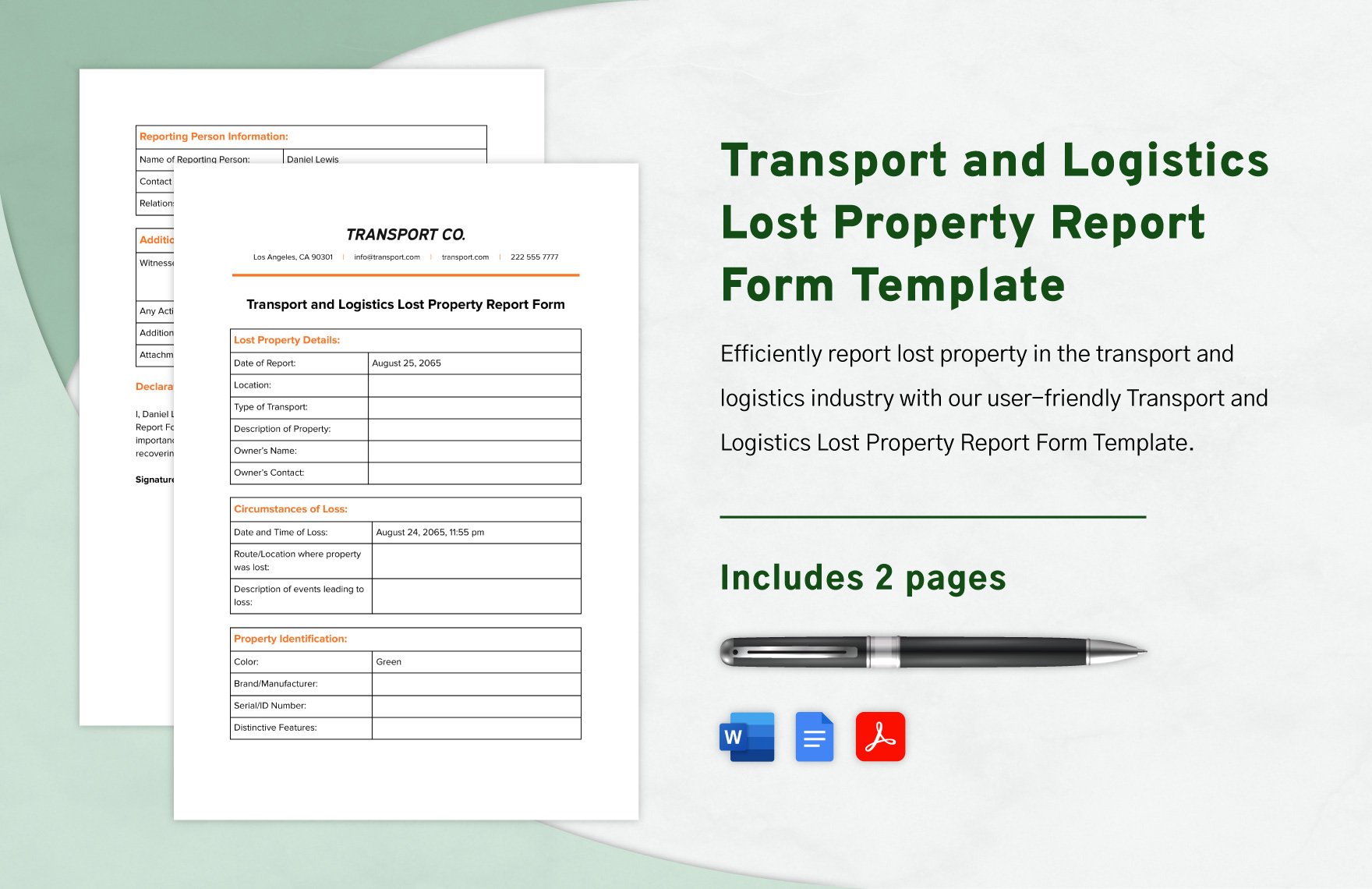 Transport and Logistics Lost Property Report Form Template