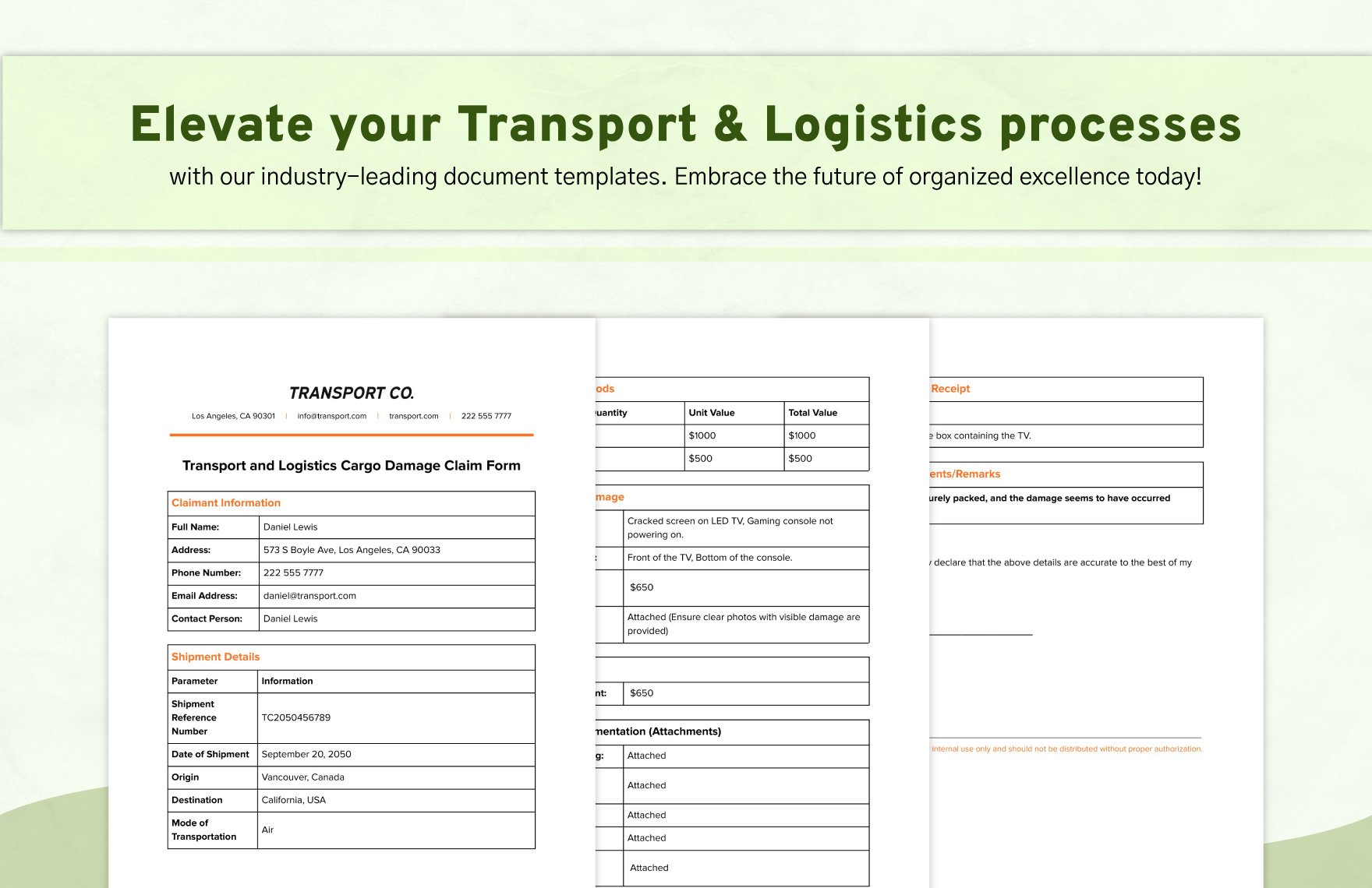 Transport and Logistics Cargo Damage Claim Form Template