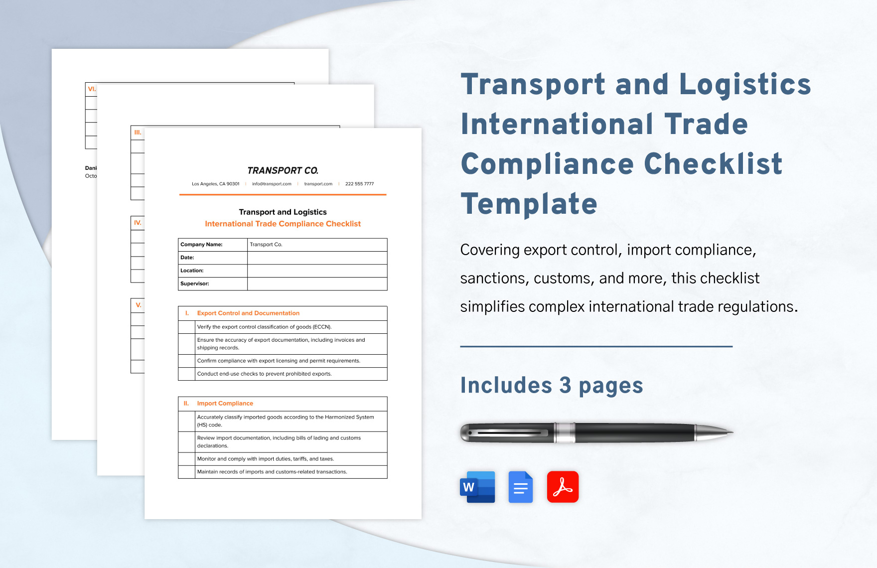 Transport and Logistics International Trade Compliance Checklist Template in Google Docs, Word, PDF - Download | Template.net
