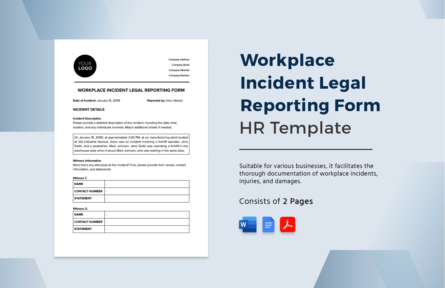 Workplace Incident Legal Reporting Form HR Template in Word, Google Docs, PDF