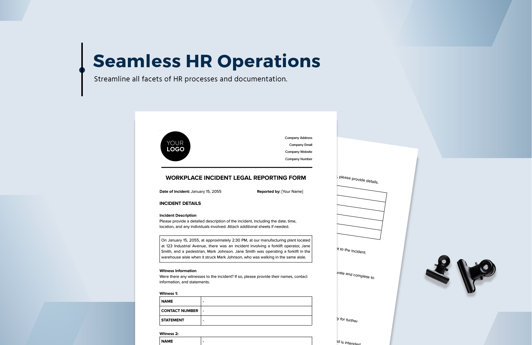 Workplace Incident Legal Reporting Form HR Template