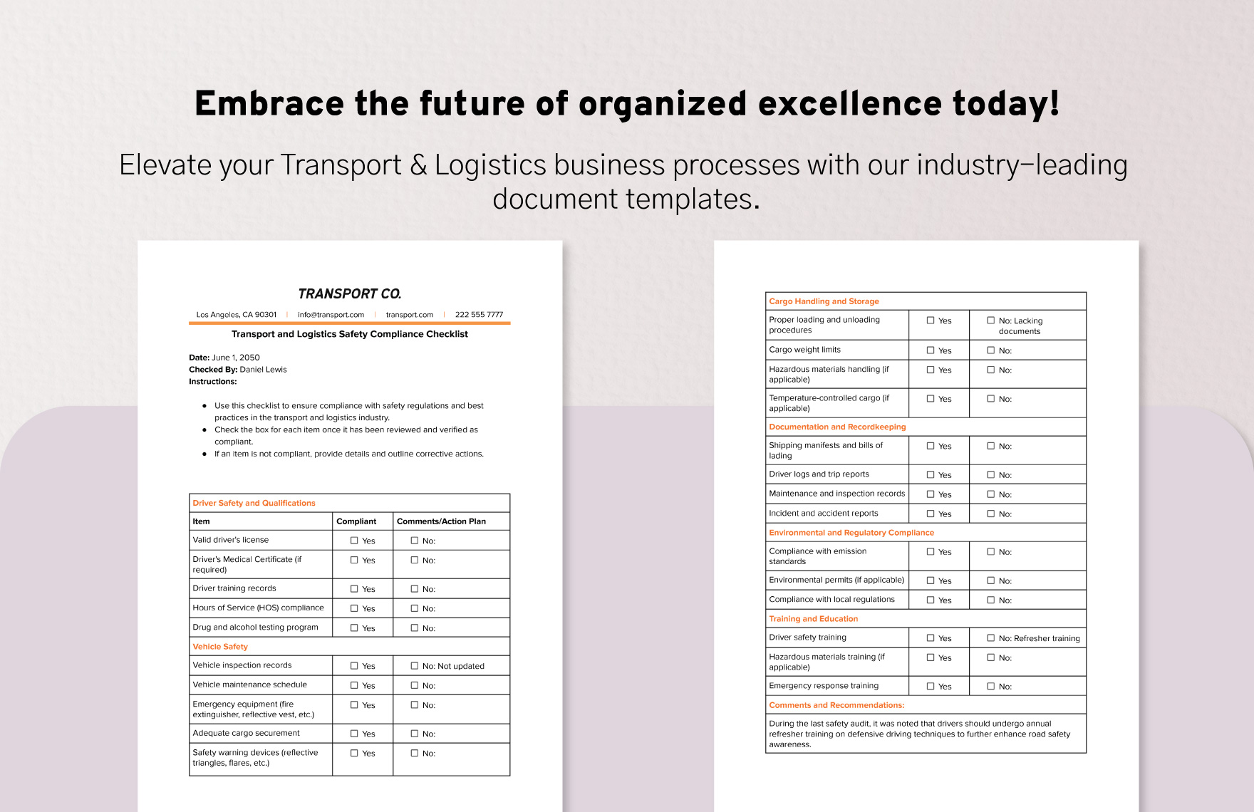 Transport and Logistics Safety Compliance Checklist Template