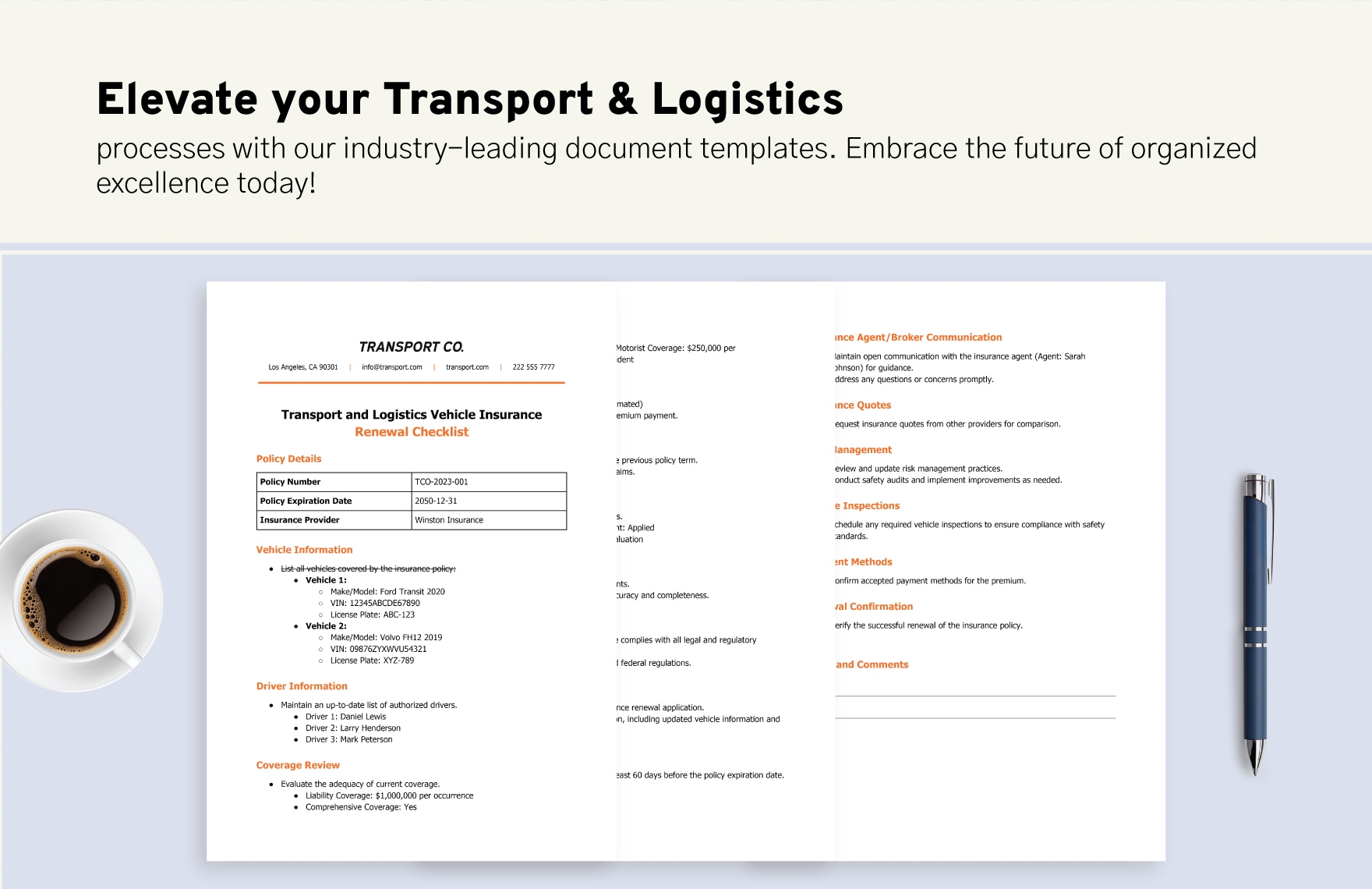 Transport and Logistics Vehicle Insurance Renewal Checklist Template