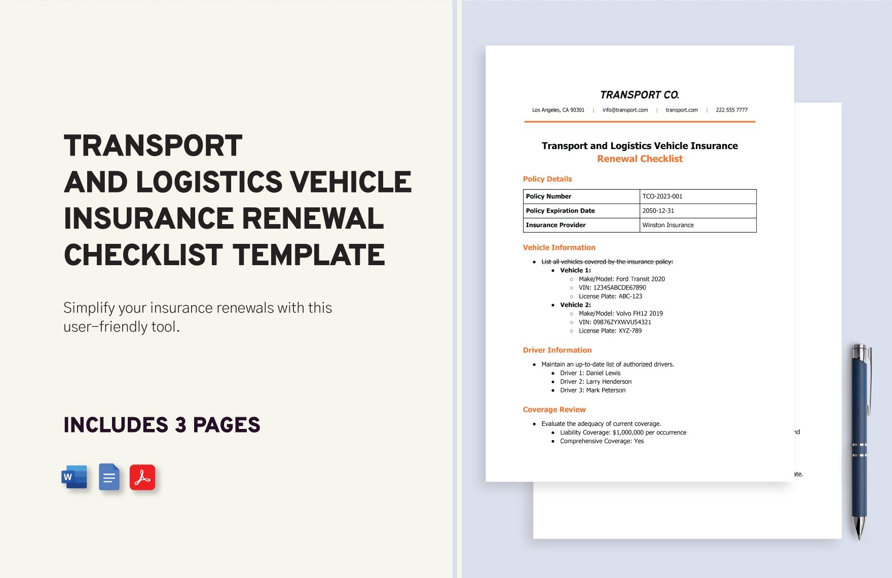 Transport and Logistics Vehicle Insurance Renewal Checklist Template