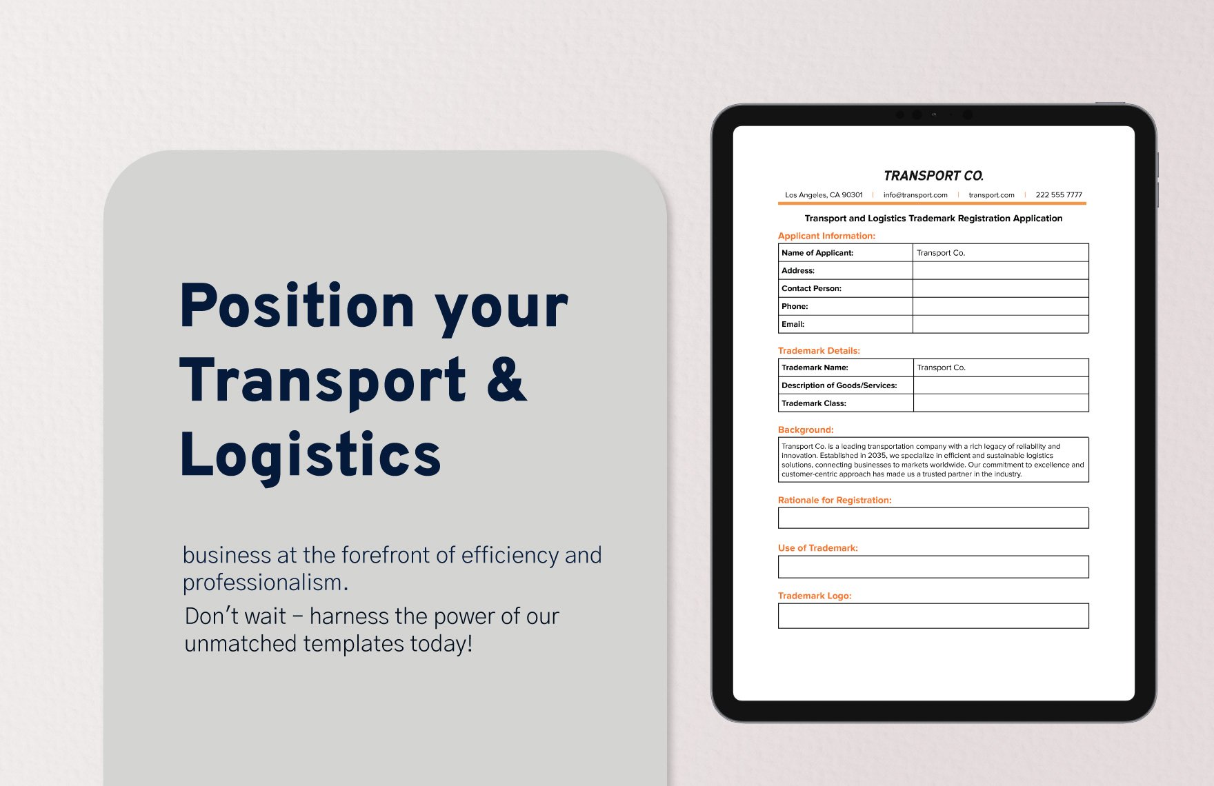 Transport and Logistics Trademark Registration Application Template