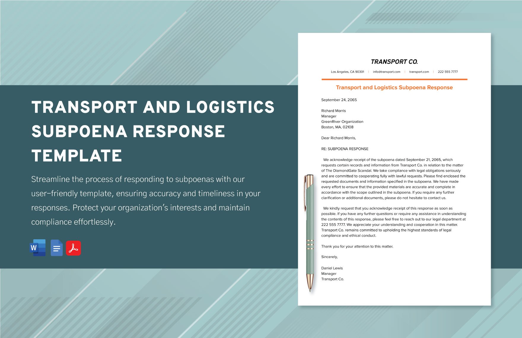 Transport and Logistics Subpoena Response Template in Word, Google Docs, PDF