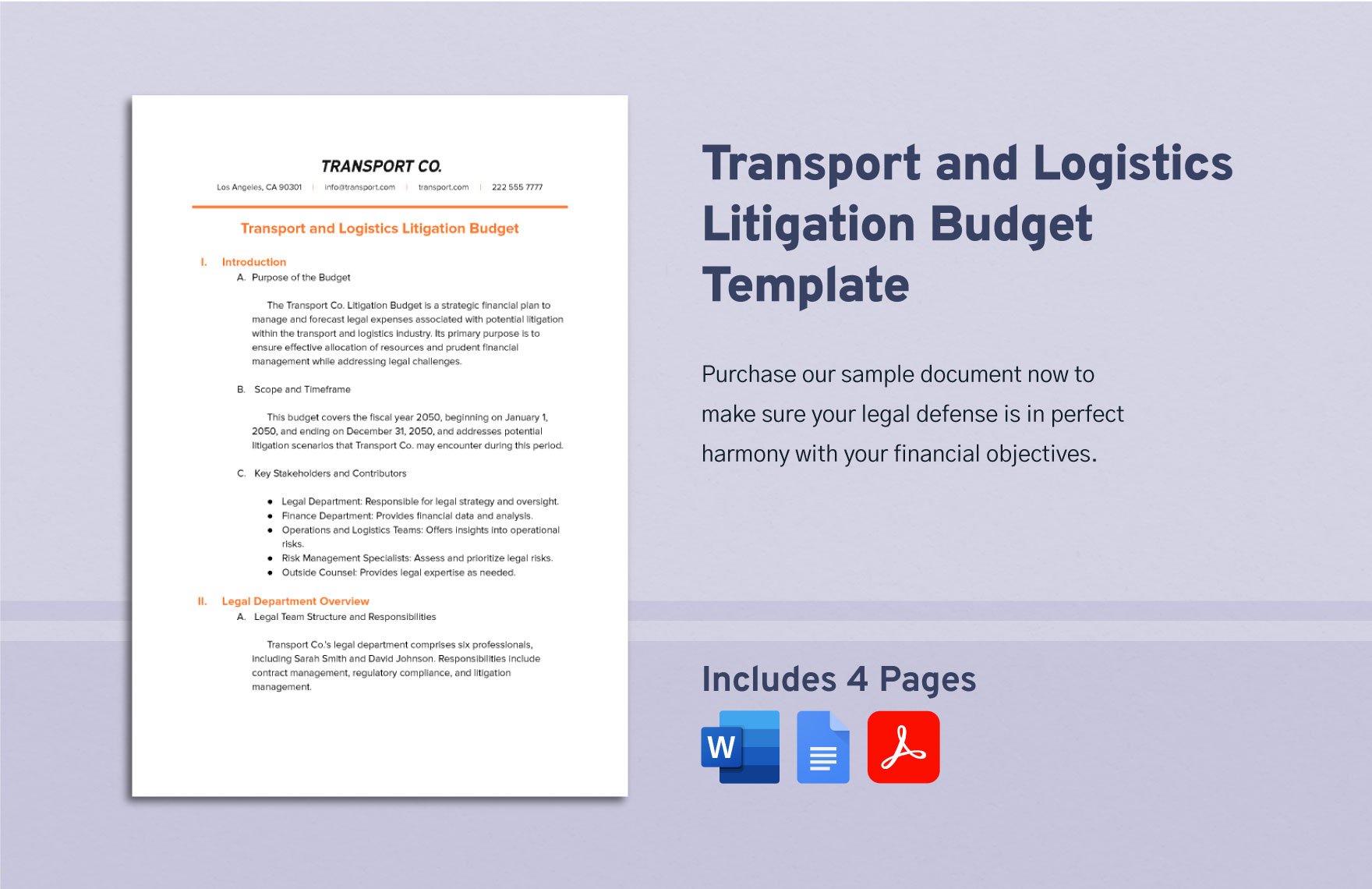 Transport and Logistics Litigation Budget Template