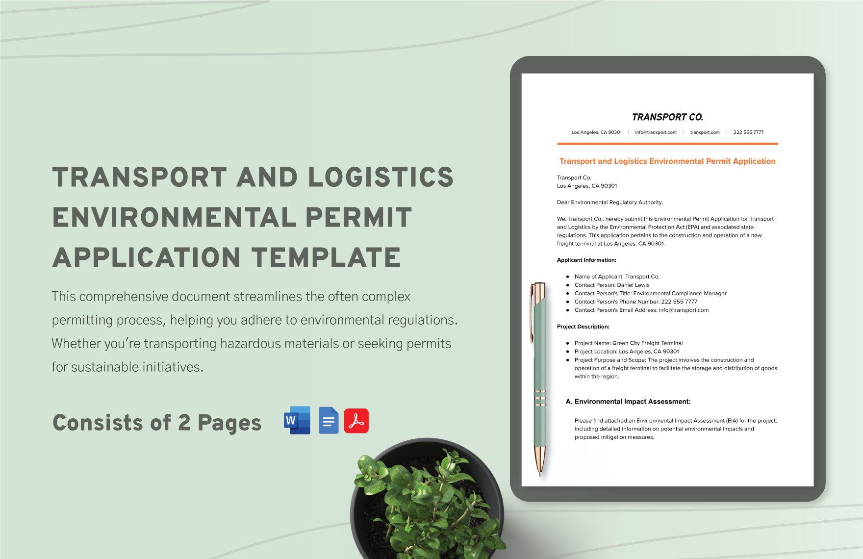 Transport and Logistics Environmental Permit Application Template in Word, Google Docs, PDF