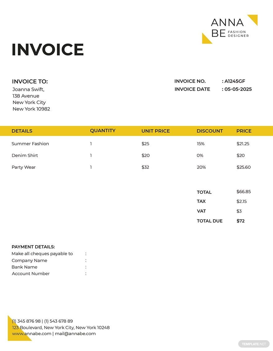 Fashion Designer Invoice Template in Word, Google Docs, Excel, Google Sheets, Illustrator, PSD, Apple Pages, InDesign, Apple Numbers