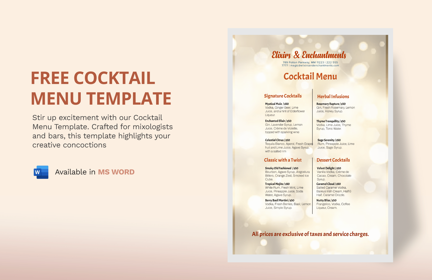 Cocktail Menu Template in Word