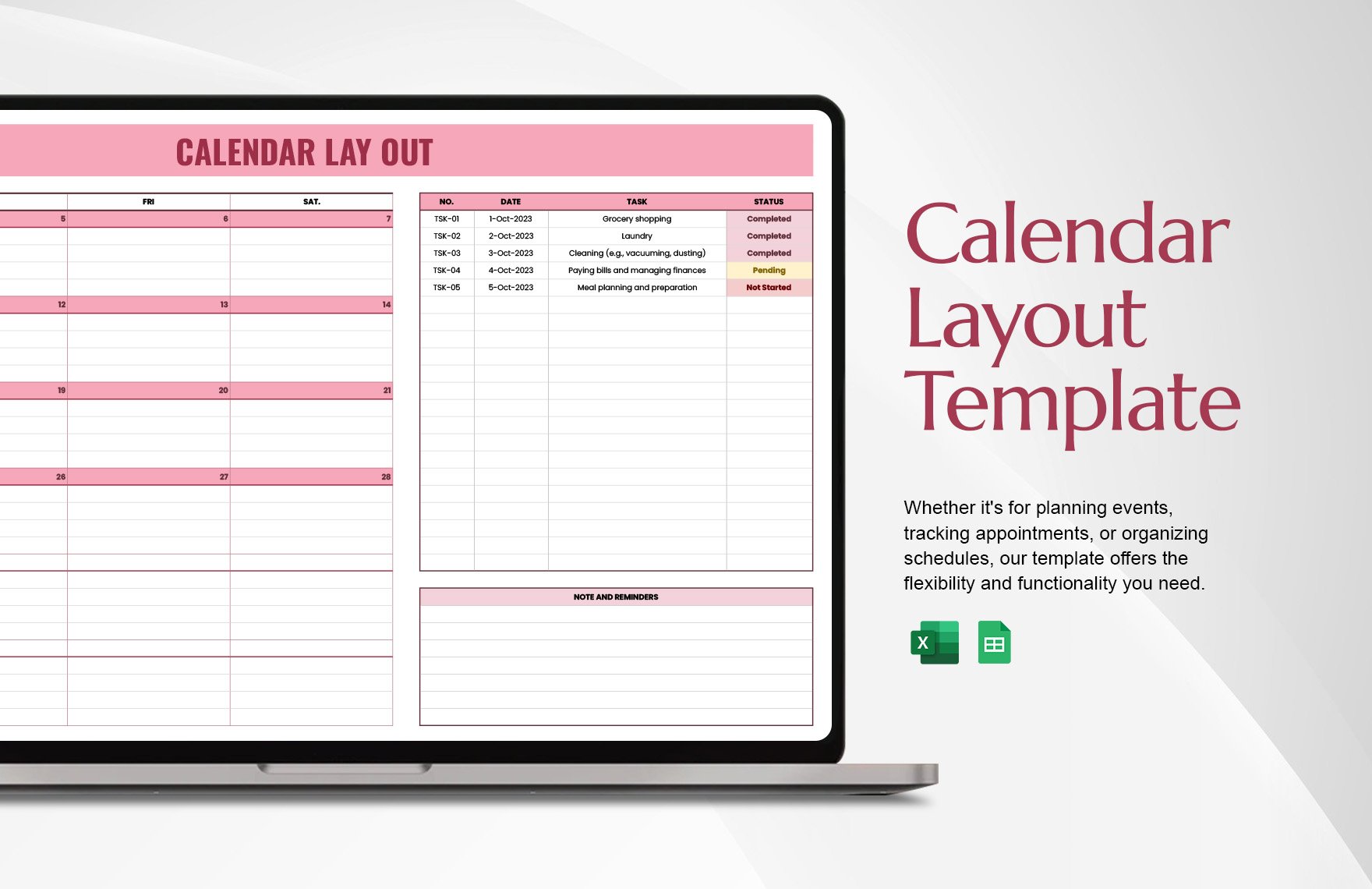 Free Calendar Layout Template in Excel, Google Sheets