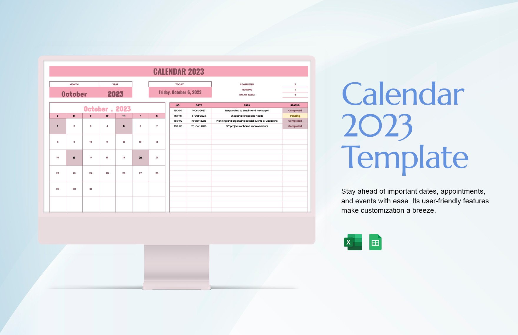 Free Calendar 2023 Template in Excel, Google Sheets