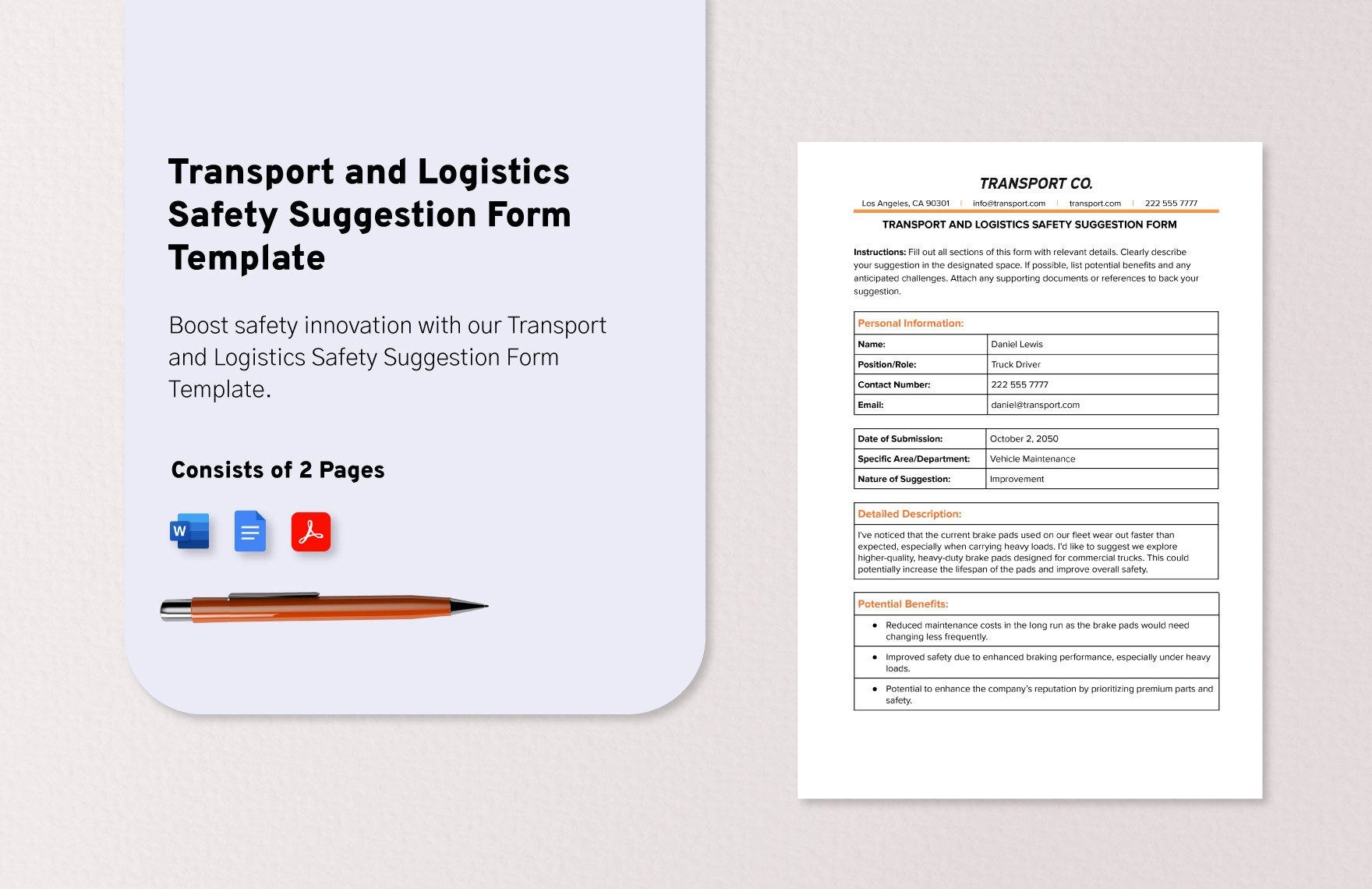 Transport and Logistics Safety Suggestion Form Template