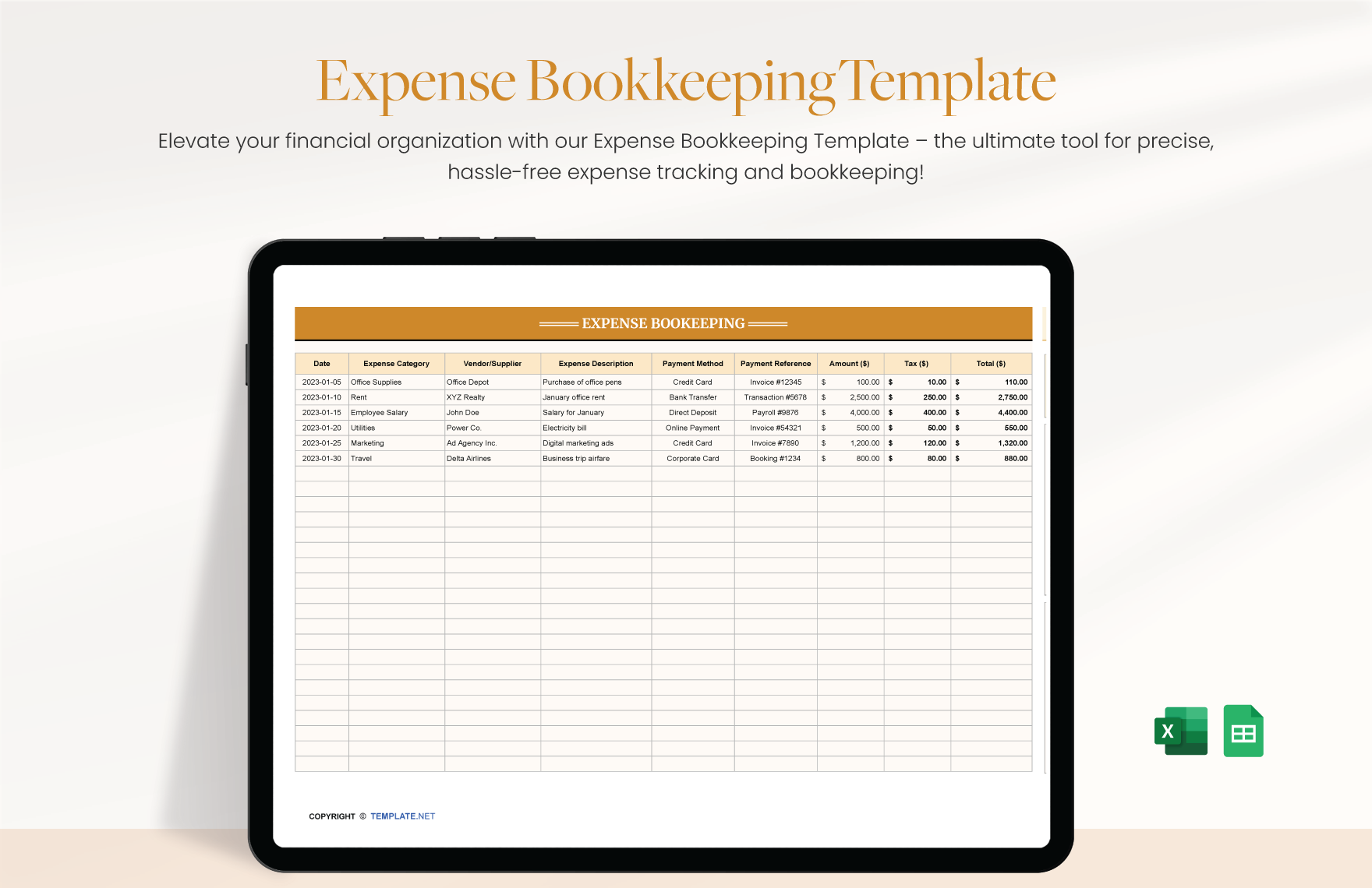 Expense Bookkeeping Template in Excel, Google Sheets