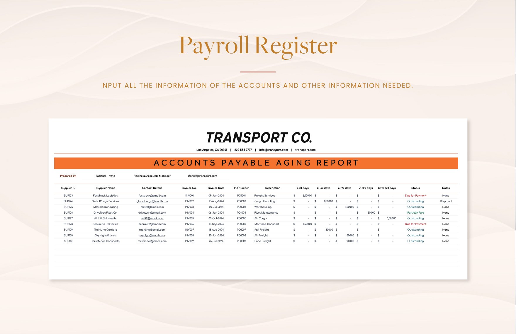 Transport and Logistics Accounts Payable Aging Report Template